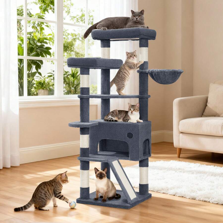 HaluPeit Cat Tree, 153 Cm, Spacious And Stable, With 6 Scratching Posts, 1 Comfortable Large Cat House, 3 Large Platforms, Cat Basket, Pom-Poms, Scratching Board, Dark Grey - Dark Grey - View 1
