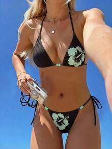 Bộ bikini nữ mùa xuân/hè in họa tiết buộc dây với hạt cườm xanh, thiết kế thắt nút hở lưng, kiểu dáng nghỉ dưỡng, thích hợp cho bãi biển, lễ Phục sinh, ngày Thánh Patrick, đi chơi, lễ tốt nghiệp, thanh lịch. - Cà phê nâu - Xem 4