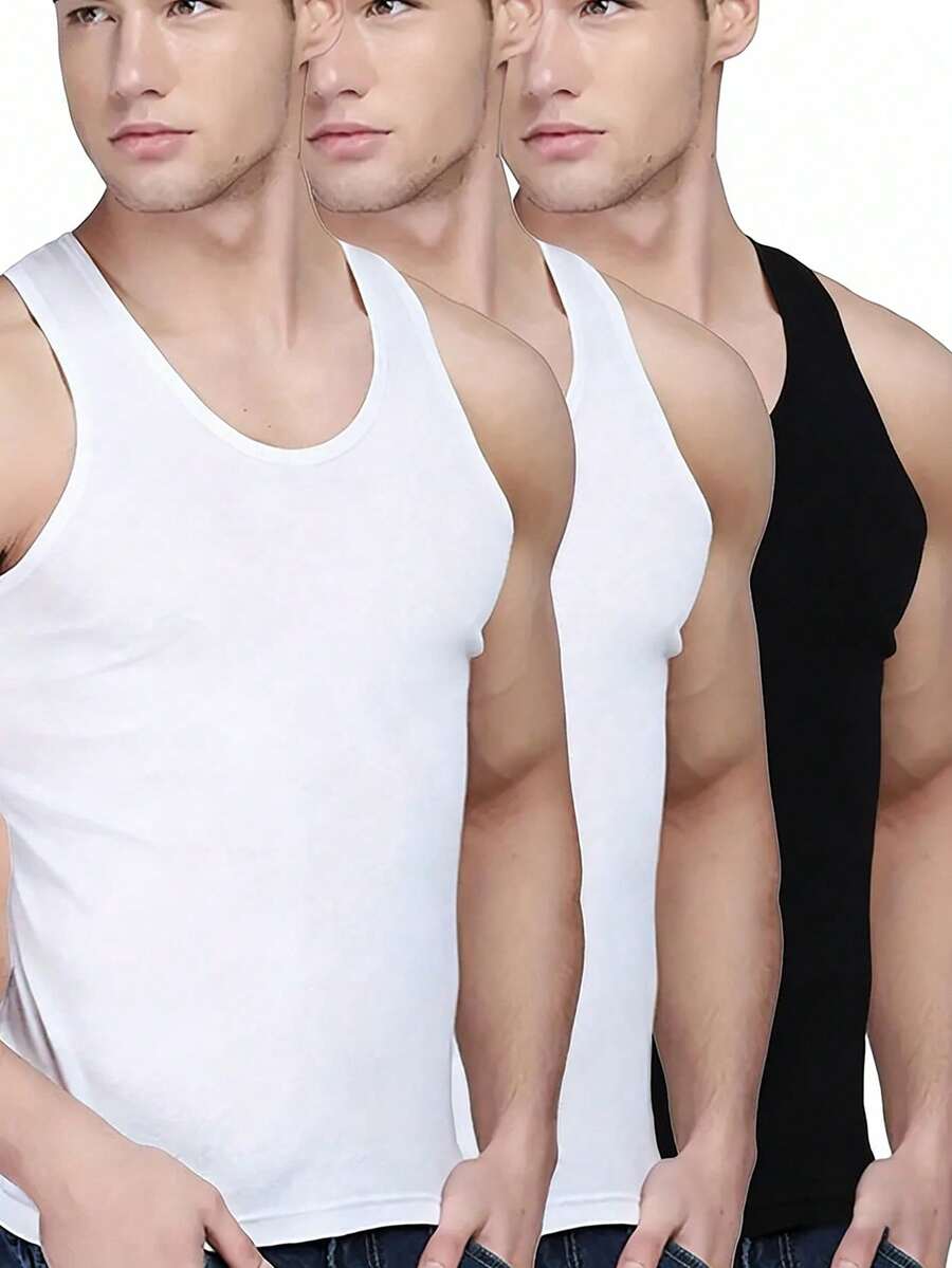 3件套男士纯色圆领休闲百搭日常上衣 - 黑與白 - 查看 1