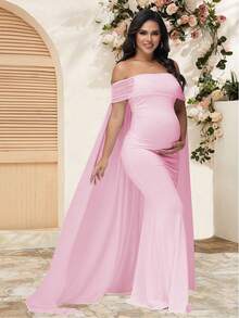 JustVH 优雅孕妇透视露肩连衣裙，适合婴儿派对，带帽长裙 - 粉色 - 查看 1