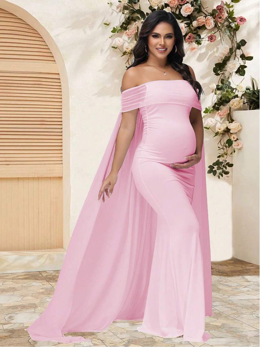 JustVH 优雅孕妇透视露肩连衣裙，适合婴儿派对，带帽长裙 - 粉色 - 查看 1