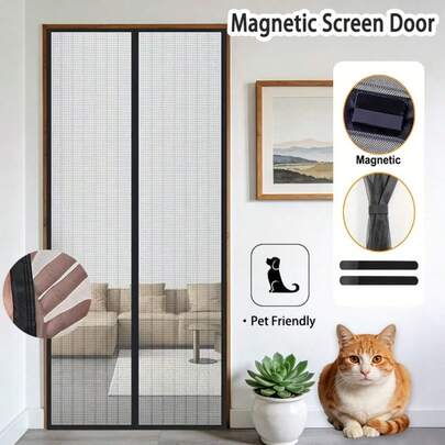 1pc Magnetic Screen Door, Self-Adhesive No Drilling Required, Pet Friendly, Mesh Fabric With Anti-Mosquito Details, Suitable For Home Doors, Daily Ventilation And All-Season Living Scenarios