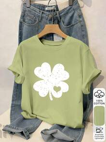 聖帕特里克節 100% 純棉短袖女款 T-shirt，三葉草印花圖案上衣，柔軟面料，純棉，休閒，夏季，度假，旅行風格，海灘氛圍，極簡節日穿搭 - 淺綠色 - 查看 7