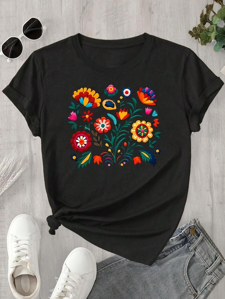Women's 100% Cotton Floral Graphic Print T-Shirt - Short Sleeve Crew Neck Casual Top with Vibrant Multicolor Flowers, Lightweight 180gsm Breathable Fabric, Machine Washable for Spring &amp; Summer - Negro - Ver 1