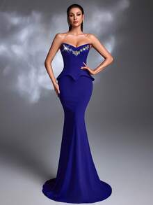 A Royal Blue Rhinestone-Embellished Strapless Peplum Waist Satin Lace-Up Mermaid Train Elegant Luxury Evening Gown - Blue - View 6