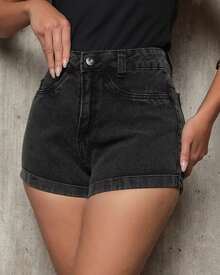 Short Jeans Feminino Cintura Alta Barra Dobrada Casual Verão - Preto - Visão 7