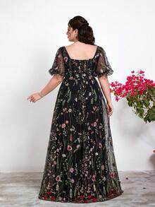 口袋，新款，心形领，刺绣，蕾丝，泡泡袖，贴花，开衩，大裙摆，高端，晚礼服，适合，舞会，婚礼，派对礼服，婚礼宾客礼服，晚礼服，黑色半身裙 - 黑色 - 查看 2