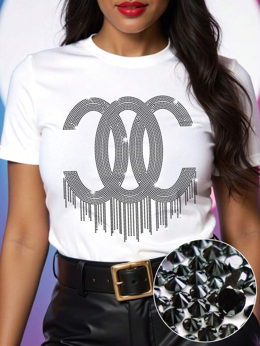 DEAR MOLLY Damen Rundhals T-Shirt mit Strass-Verzierung und Kurzarm, Geschenk für Mutter, geeignet für Frühling/Sommer Alltagsmode Weiß - Weiss - Übersicht 1