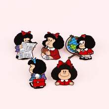 5pcs/Set Cute Curly-Haired Girls Enamel Pins Cartoon Figure Brooch Lapel Pin Badge On Backpack Clothing Accessories Fashion Jewelry Gifts - Black - View 5