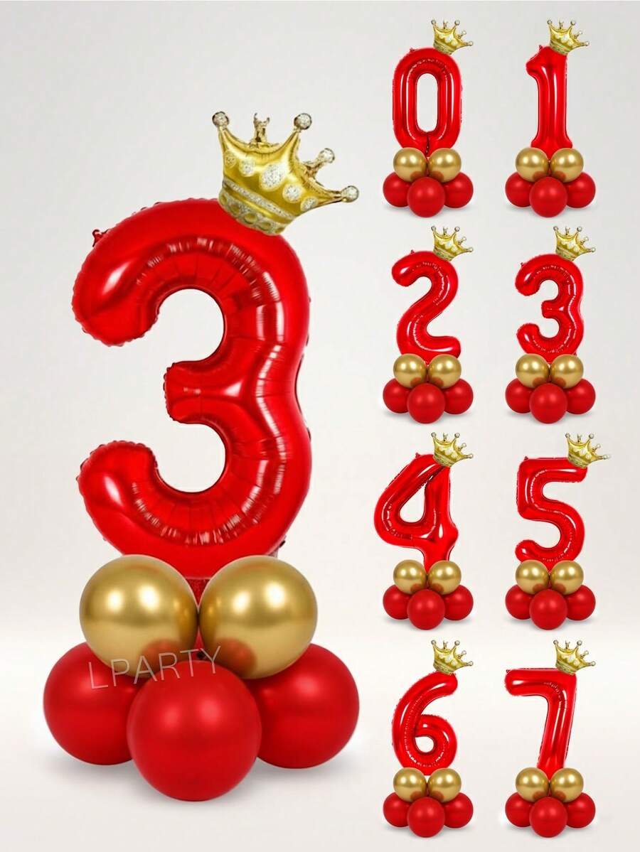 12pcs/Set Red & Gold Birthday Balloon Set – Includes 32-Inch Red Number Balloons 0-9, Mini Gold Crown Balloons, 10-Inch Gold & 10-Inch Metallic Gold Latex Balloons – Suitable For Casino Theme Birthday Party Decoration - Red Numbers - View 1