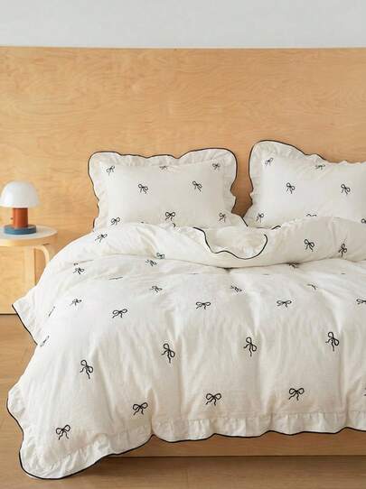 Joivida 3pcs Set: Ruffled Washed Fiber Duvet Cover & Pillow Sham, Butterfly Embroidery Bedding (Excluding Filling)