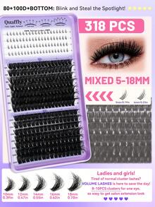 1274Pcs D Curl QUAFFLY Mega Volume Lash Clusters Kit DIY Eyelash Extensions With Bottom Lashes & Spikes, Include Lash Bond&Seal Remover Tweezers Mixed Lengths Individual Lashes Kit - Black - View 8