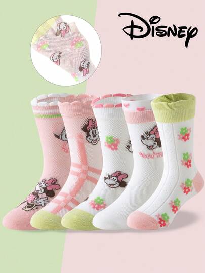  10/5 Pairs Disney Children's Lace Mesh Socks, Disney Minnie Mouse & Princess Lace Socks, Cute Summer Mesh Socks For Girls, Elsa Princess Mid-Calf Socks, Cartoon Breathable Socks For Boys, Baby & Student Summer Socks