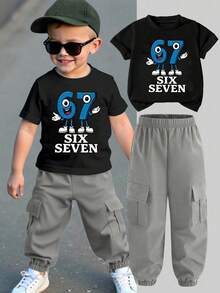 Young Boy Cartoon Print Round Neck Short Sleeve Top And Cargo Pants Set - Black - View 1