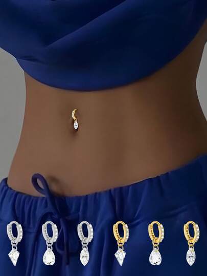 1pc S925 Sterling Silver Rhinestone Inlaid Water Drop Navel Ring, Perfect Gift For Mom, Girlfriend Or Sister