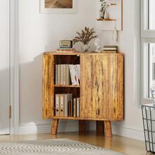 Mueble de esquina rústico con estante ajustable, mesa esquinera de madera industrial, mesa auxiliar esquinera para sala de estar y cocina. - Marrón - Ver 7