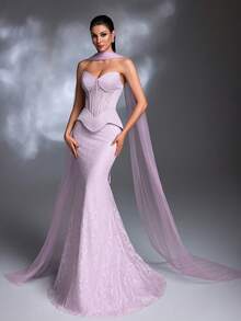 A Lavender Lace Strapless Tulle Shawl Lace-Up Mermaid Train Elegant Retro Evening Gown Party Spring - Mauve Purple - View 6