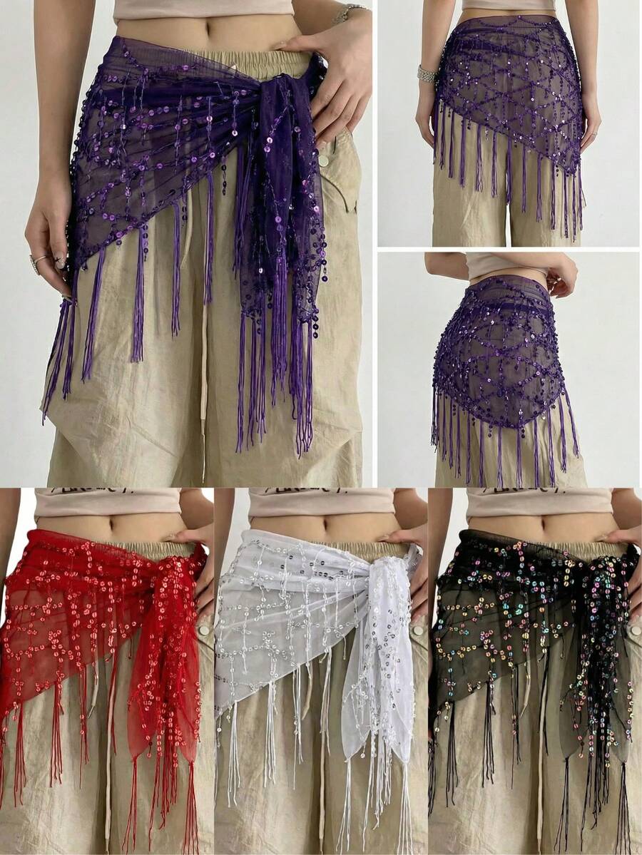1pc Women's Triangle Belly Dance Outfit Hip Scarf With Sequin Skirt Style Tassels, Dance Costume Waist Wrap In Saree Sari Style For Rave Carnival Performance. Suitable For Festivals, Parties, Nightclubs, Beach Wear, Exotic Clothing Decoration, Bohemian, Retro Style.