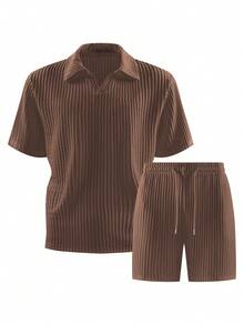 Bộ đồ nam 2 món, màu nâu kẻ sọc dọc, áo tay ngắn cổ chữ V + quần short dây rút, chất liệu vải dệt kim thoáng khí, kiểu dáng giản dị nhưng lịch lãm, phù hợp mặc ở nhà, dạo phố hoặc đi nghỉ mát mùa hè. - màu nâu - Xem 4
