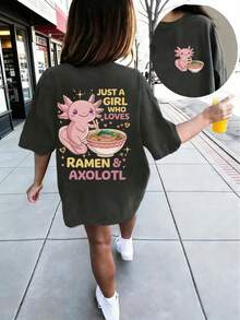 少女休闲趣味印花圆领短袖T恤，夏季上衣 - 深灰色 - 查看 1