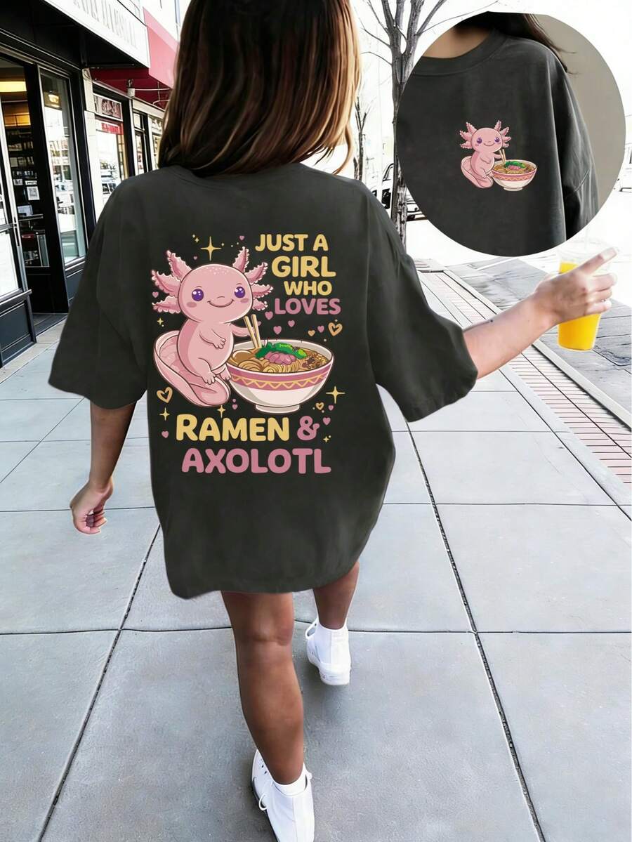 少女休闲趣味印花圆领短袖T恤，夏季上衣 - 深灰色 - 查看 1