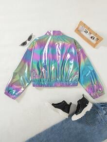 Girls' Casual Zip-Up Short Dropped Shoulder Long Sleeve Jacket, Solid Color, Spring/Autumn - Purple - View 2