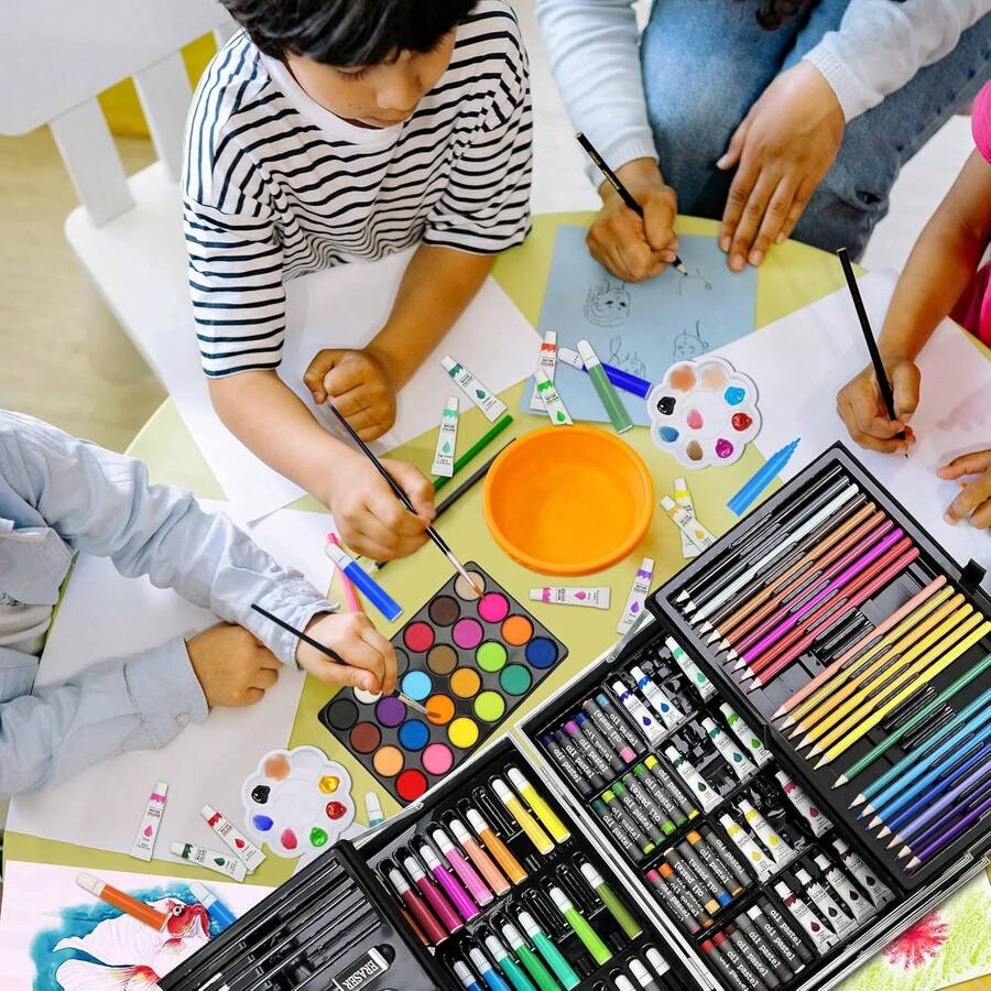 Juego de 145 piezas de suministros de dibujo y arte, set profesional de arte, kit de arte de bocetos y dibujos, set de pintura con estuche de aluminio, set plegable de pintura de acuarela, útiles escolares, suministros escolares