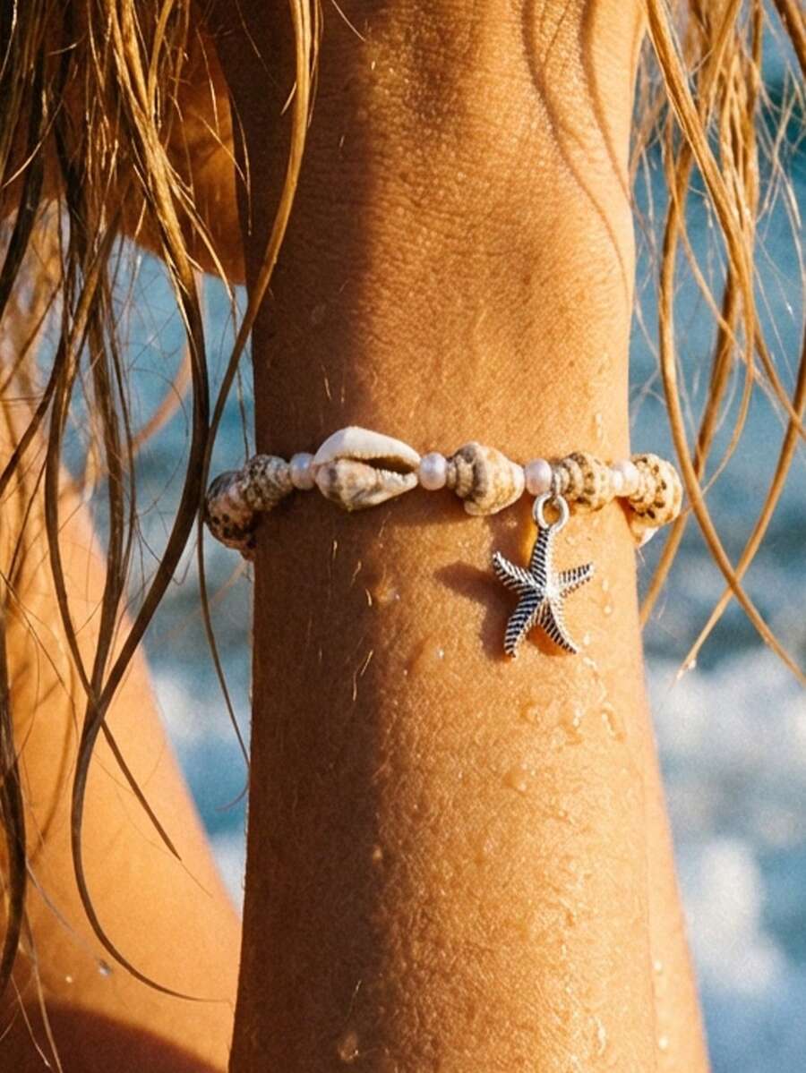 1件波西米亚风夏季贝壳、海星和珍珠串珠吊坠手链，适合女性街头、派对、海滩度假和日常佩戴 - 彩色 - 查看 1