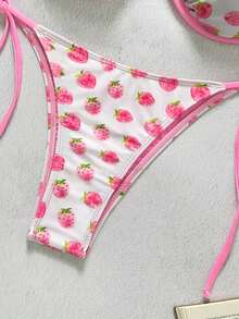Bikinx Women's Casual Backless Strawberry Print Bikini Set With Tie Back And Contrast Binding Spaghetti Strap High Stretch Cute Swimuit - Pink - View 6