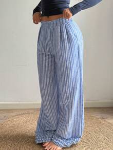 GLOpass Women's Casual Striped Pants, Ruffle Hem Design With Elastic Waist, Straight Leg, Suitable For Daily, Office, Travel - Blue - View 4