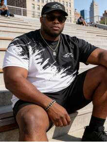 1pc Plus Size Men's Casual Black & White Splatter Short Sleeve T-Shirt With Mountain Shape Pattern - Multicolor - View 2