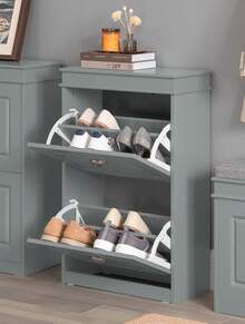 SoBuy Narrow Shoe Cabinet With 2 Flaps, Narrow Shoe Tipper, Adjustable Shoe Rack For Hallway & Entrance Area - Hallway Cabinet With Anti-Tip Device FSR78 - Grey - View 3