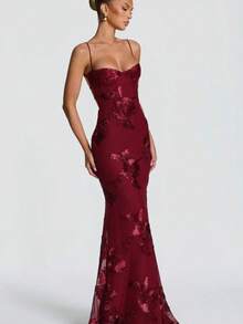 Women's High-End Banquet Flower Decor Evening Dress, Elegant Spaghetti Strap Dress, Slim Fit French Style Backless Solid Color Maxi Dress - 酒紅色 - 查看 1