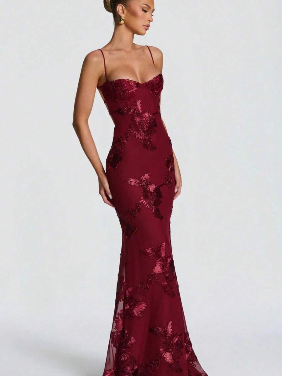 Women's High-End Banquet Flower Decor Evening Dress, Elegant Spaghetti Strap Dress, Slim Fit French Style Backless Solid Color Maxi Dress - 酒紅色 - 查看 1