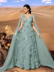 Faeriesty 优雅V领珍珠点缀晚礼服 - 3D立体花朵亮片装饰，层叠雪纺剪裁，浪漫迷人，适合约会、沙漠婚礼、正式晚宴等场合。 - 綠色 - 查看 5