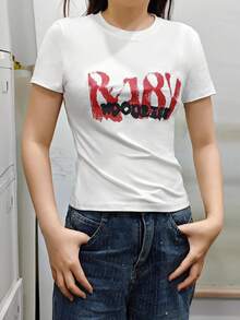 女士圆领短袖T恤，美国辣妹图案，夏季新款字母印花，时尚修身露脐上衣 - 白色 - 查看 2