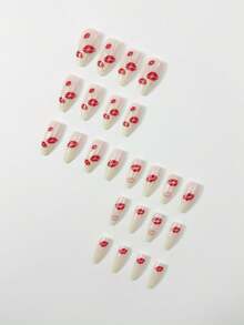 24pcs Nail Sticker Set, Includes Medium Sized Press-On Nails, Minimalist Daily, French Manicure, Light Pink & White Base Colors, Almond Shaped Nails, Red Lip Print, White & Red Nail Designs, Creative & Romantic. Suitable For Girls & Women For Daily Use, Dates, Holidays, Parties.The Set Includes: 1pc Jelly Glue And 1pc Nail File Sticker. Nail Supplies - Multicolor - View 4