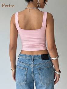 Petite Women's Elegant Square Neck Sleeveless Cami Top, Fitted Stretch Staple For Romantic Date Night Outfits, Casual Daily Wear, Vacation Getaways, Weekend Sightseeing, Plain Outfits, And Urban Outings - Pink - View 5