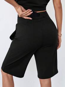 Quần short yoga nữ cạp cao bằng vải nylon có túi, chất liệu thoáng khí, thích hợp cho phòng tập, hoạt động ngoài trời, chạy bộ, mặc thường ngày trong mùa xuân và hè. - màu đen - Xem 2