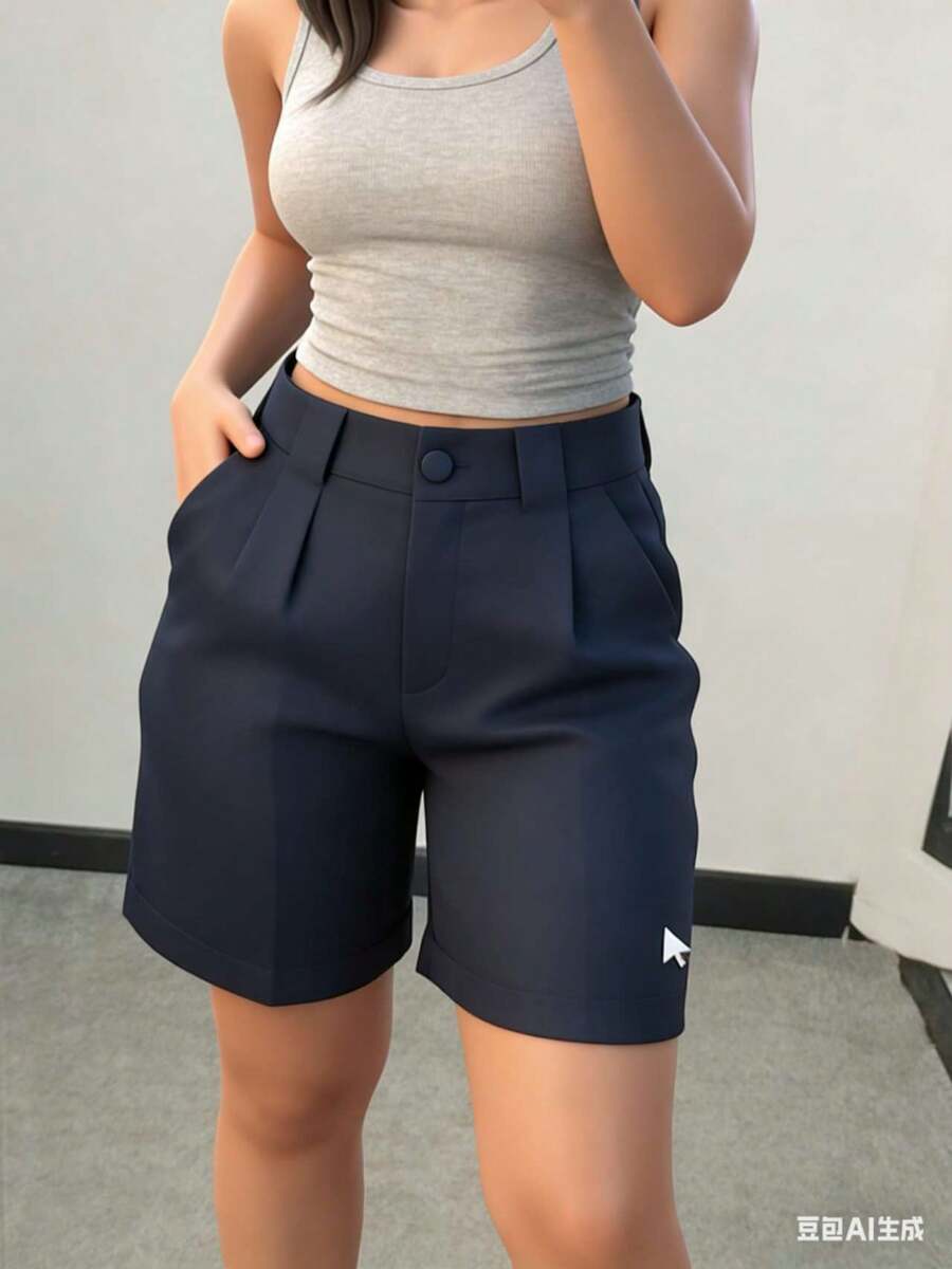 Women's Tailored Bermuda Shorts With Side Pocket - 藏蓝色 - 查看 1