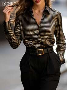 DONICY 女士黑色条纹翻领单排扣衬衫外套，时尚优雅复古奢华春夏外套，适合休闲、商务、约会、派对、音乐节、社交聚会等场合。 - 黑色和金色 - 查看 5
