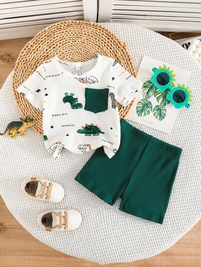 2pcs/Set Toddler Boys' Dinosaur Print Striped Short Sleeve T-Shirt + Shorts, Cute Cartoon Casual Summer Outfit