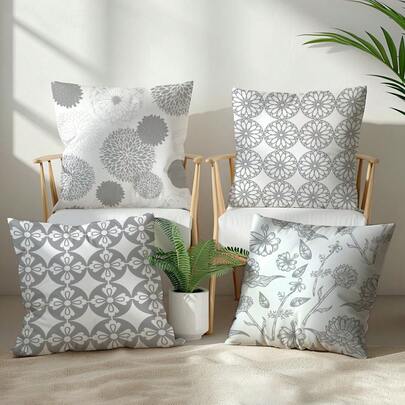 4pcs Set Simple Daily Gray Geometric Floral Throw Pillow Covers, Single-Sided Printed Peach Velvet Polyester Material, 45*45CM Cushion Covers For Modern Fabric Sofa Indoor Decor, Party Decoration, Gift