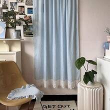 1pc Korean Style Blue & White Striped Floral Valance Curtain, French Romantic Curtain Partition Curtain, Suitable For Daily Decor And Holidays - Baby Blue - View 4