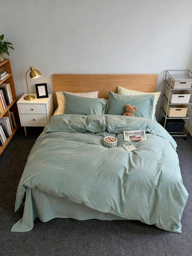 Conjunto de capa de edredom de luxo leve e sedoso, estilo nórdico premium, para todas as estações, em cor sólida, 2/3 peças (enchimento de edredom não incluído), 135*200cm/160*220cm, lavável à máquina, várias cores disponíveis, macio e agradável à pele, adequado para dormitórios/pousadas com ocupação individual/dupla, ideal para presentes de Dia dos Namorados e Ano Novo. - Fruta verde - Ver 3