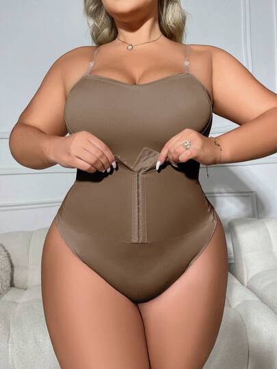 1pc Plus Size Shapewear Bodysuit, Waist Cincher With Molded Cups, Non-Slip High Elasticity Adhesive Technology, Front Closure Powerful Abdomen Shaping