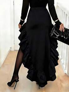 女士不对称设计修身针织黑色拼接荷叶边下摆不对称下摆半身裙 - 黑色 - 查看 4