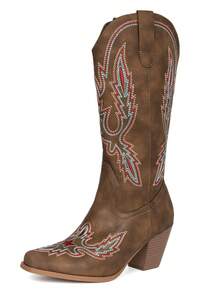 Embroidered Western Cowboy Boots For Women Mid Calf Cowgirl Boots Slip On Pointed Toe Chunky Heel Knee High Boots With Pull On Tabs Tall Boots For Girls Ladies - Cây gai - Xem 4