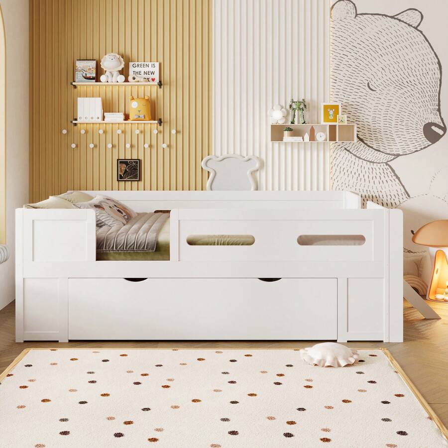 MERAX Modern Full Size Platform Bed With Guardrail And Large Drawer, Wood Kids Platform Bed Frame With Two-Step Ladder For Boys Girls, Sturdy Slats Support,White - Full Size-white - View 1