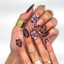 Nail Art Haven 10 PCS Handmade Vintage Burgundy Floral Almond Press-On Nails | 3D Floral Decor, Gold Studs & Embossed Pattern For Sophisticated Looks - Màu tím - Xem 2